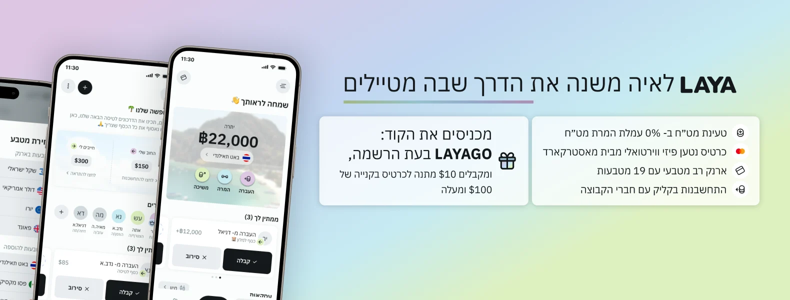 LAYA – אפליקציית כסף למטיילים: טעינת מט"ח ללא עמלת המרה, כרטיס נטען וקוד הטבה LAYAGO (נפתח בחלון חדש)